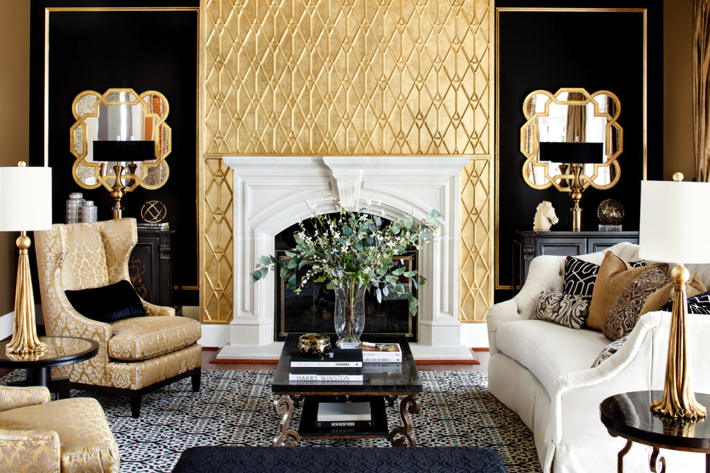 wall paper, wall treatment, fireplace, gold